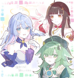  3girls :d absurdres ahoge bare_shoulders black_hat blue_hair blunt_bangs blush brown_eyes brown_hair closed_mouth collared_shirt cropped_torso dress feathered_wings flying_sweatdrops gloves green_eyes green_hair green_shirt grey_dress hand_up hat head_wings highres honkai:_star_rail honkai_(series) huohuo_(honkai:_star_rail) lingsha_(honkai:_star_rail) long_hair multicolored_hair multiple_girls open_mouth pink_hair robin_(honkai:_star_rail) shirt smile sorimachi-doufu strapless strapless_dress translation_request twitter_username two-tone_hair upper_body white_background white_gloves white_wings wings 