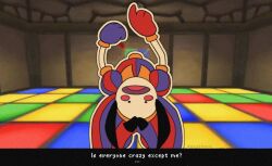  1girl 3d_background abandinthesand asymmetrical_gloves black_eyes black_hair blue_gloves blue_hat blue_shirt blush_stickers buttons clown collared_shirt commentary dance_floor ena_(series) english_commentary english_text frown gloves hat indoors jester_cap leaning_back long_hair looking_at_viewer mismatched_gloves open_mouth outline parody pomni_(the_amazing_digital_circus) puffy_short_sleeves puffy_sleeves red_gloves red_hat red_shirt shirt short_sleeves solid_circle_eyes solo split-color_clothes the_amazing_digital_circus twitter_username two-tone_hat two-tone_shirt vertical-striped_hakama vertical-striped_sleeves white_outline 