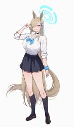  1girl alternate_animal_ears alternate_species anandaname animal_ears asuna_(blue_archive) asuna_(school_uniform)_(blue_archive) black_shoes black_skirt black_socks blonde_hair blue_archive blue_bow blue_bowtie blue_eyes blue_halo blue_ribbon blush bow bowtie breasts choker cleavage collarbone extra_ears full_body grin hair_over_one_eye hair_ribbon halo highres horse_ears horse_girl horse_tail large_breasts long_hair looking_at_viewer pleated_skirt ribbon scrunchie shirt shoes skirt sleeves_rolled_up smile socks solo tail thighs umamusume v very_long_hair white_background white_shirt wrist_scrunchie 