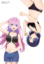2girls absurdres arm_up black_bra black_tank_top blue_eyes blue_hair bra breasts cleavage collarbone hair_between_eyes hand_on_own_head hand_on_own_stomach highres kamiya_ai kawaii_dake_ja_nai_shikimori-san long_hair looking_at_viewer medium_breasts megami_magazine multiple_girls navel official_art open_mouth panties pink_hair shikimori_miyako short_hair shorts simple_background stomach string_panties tank_top thighs underwear white_background rating:Questionable score:102 user:PuttHutt