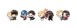  2boys animification assault_rifle back belt black_bodysuit black_boots black_gloves black_shoes blonde_hair blue_bodysuit blue_eyes blue_jacket blue_pants blue_shirt bodysuit boots breast_pocket brown_belt brown_boots brown_gloves brown_hair brown_jacket brown_pants bucky_barnes captain_america captain_america:_civil_war captain_america:_the_first_avenger captain_america:_the_winter_soldier captain_america_(series) chibi chibi_only closed_eyes closed_mouth commentary_request evolution facial_hair fingerless_gloves full_body gloves green_hat green_jacket green_necktie green_pants green_shirt grey_pants gun hand_in_pocket hat helmet highres holding holding_gun holding_hands holding_shield holding_sketchbook holding_weapon hood hoodie jacket korean_commentary lapels long_sleeves makajinjin male_focus marvel marvel_cinematic_universe military_hat military_jacket military_uniform multiple_boys multiple_persona multiple_views necktie open_clothes open_jacket package pants pocket prosthesis prosthetic_arm red_hoodie rifle shield shirt shoes short_hair single_glove sketchbook smile standing star_(symbol) steve_rogers superhero_costume t-shirt teeth v-shaped_eyebrows walking weapon white_pants white_shirt winter_soldier 
