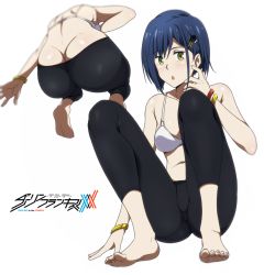 1girl :o armpits ass bare_arms bare_shoulders barefoot blue_hair blurry bra bracelet breasts butt_crack copyright_name darling_in_the_franxx depth_of_field feet full_body green_eyes hair_ornament highres ichigo_(darling_in_the_franxx) jewelry looking_at_viewer multiple_views navel open_mouth pants sbel02 short_hair simple_background skin_tight small_breasts soles squatting toes underwear white_background white_bra yoga_pants rating:Questionable score:115 user:danbooru
