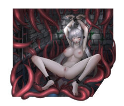  1girl absurdres ahoge animal_ears ankle_cuffs armpits bound bound_ankles bound_wrists breasts brick_wall cat_ears censored chain cuffs dungeon elsword eve_(elsword) hair_between_eyes highres large_breasts long_hair mosaic_censoring open_mouth orange_eyes pale_skin pussy restrained rur4885 shackles sidelocks solo_focus spread_legs tentacles very_long_hair white_hair wide-eyed yellow_eyes 