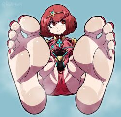  1girl bare_legs breasts foot_focus highres medium_breasts nail_polish pyra_(xenoblade) reathroch red_hair shorts soles sweat toenail_polish toenails xenoblade_chronicles_(series) xenoblade_chronicles_2 
