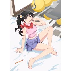 ahoge araragi_karen barefoot bed bedroom black_hair bow bowtie feet finger_in_own_mouth grey_eyes hair_ornament hairclip looking_at_viewer monogatari_(series) pleated_skirt ponytail scarf side_ponytail sitting skirt tank_top teeth toes tongue toothbrush watanabe_akio rating:Sensitive score:48 user:danbooru