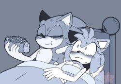  1boy 1girl :t aftersex amy_rose animal_ears animal_nose arm_behind_head bed blush body_fur breasts chili_dog closed_eyes closed_mouth constricted_pupils eating embarrassed food furry furry_female furry_male gloves grey_background grey_theme hetero holding holding_food hot_dog large_breasts lying monochrome nose_blush nude on_back on_bed peannut_bun ruined_for_marriage sega simple_background sleeping sonic_(series) sonic_the_hedgehog surprised sweat topless_female topless_male under_covers upper_body wide-eyed 