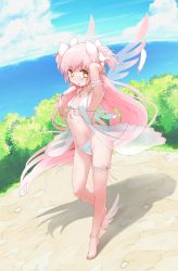  1girl absurdres babydoll bikini blush breasts day drill_hair flat_chest food hair_ornament hair_ribbon highres jewelry kaname_madoka long_hair looking_at_viewer magical_girl mahou_shoujo_madoka_magica mahou_shoujo_madoka_magica_(anime) navel ocean open_mouth outdoors panties pink_bikini pink_eyes pink_hair popsicle revision ribbon shiny_skin short_hair sky small_breasts solo standing summer swimsuit twin_drills two_side_up ultimate_madoka underwear very_long_hair wings yanmaami yellow_eyes  rating:Sensitive score:62 user:danbooru
