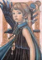  1girl bird black_dress blonde_hair blue_cloak blue_eyes cloak commentary_request crow dress expressionless flat_chest half_updo highres jewelry long_hair looking_at_viewer necklace oil_painting_(medium) original painting_(medium) pendant ringodrawing solo traditional_media upper_body 