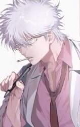 1boy brown_necktie cigarette collared_shirt gintama glasses grey_eyes hair_between_eyes highres hisknn holding holding_pen male_focus mouth_hold necktie pen pink_shirt sakata_gintoki shirt short_hair simple_background smoking solo white_background white_hair 
