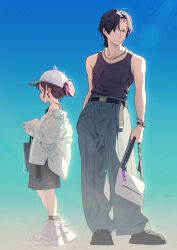  1boy 1girl :/ absurdres bag bare_shoulders baseball_cap belt black_eyes black_hair boots brother_and_sister brown_hair commentary english_commentary goshichi_shoji hat highres jacket jewelry necklace ookawa_ina ookawa_suzuri original ponytail profile shoes short_ponytail siblings sleeves_past_wrists sneakers sunlight tank_top 