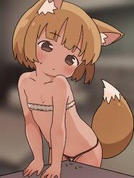  1girl absurdres animal_ears arm_support blush bra brown_eyes brown_hair collarbone crotch_rub flat_chest fox_ears fox_girl fox_tail highres irohiza leaning_forward masturbation navel original panties short_hair standing strapless strapless_bra sweat table table_humping tail underwear white_bra white_panties 