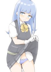  1girl akara_kai black_skirt black_vest blue_eyes blue_hair blue_panties blush bow bow_panties bowtie closed_mouth clothes_lift gloves grey_vest hatsukaze_(kancolle) highres hime_cut kantai_collection lifting_own_clothes long_hair looking_at_viewer neckerchief panties ribbon school_uniform shirt short_sleeves sidelocks simple_background skirt skirt_lift solo standing underwear vest white_background white_gloves white_shirt yellow_bow yellow_bowtie yellow_neckerchief 