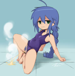  1girl :3 armpits blue_hair blue_pubic_hair breasts colored_pubic_hair feet female_focus green_eyes hatsu_(hatsumiilkshake) highres izumi_konata loli long_hair looking_at_another lucky_star navel one-piece_swimsuit pee pee_stain peeing peeing_self pubic_hair pussy school_swimsuit small_breasts smug solo spread_legs steam swimsuit uncensored 