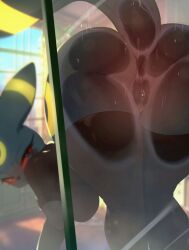  1girl against_glass animal_ears ashraely ass black_fur cleft_of_venus colored_sclera creatures_(company) game_freak gen_2_pokemon indoors looking_at_viewer nintendo personification pokemon presenting pussy red_eyes red_sclera smile solo tail umbreon 