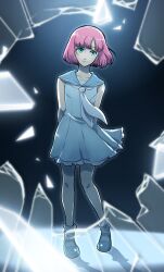  1boy arms_behind_back blue_serafuku blue_shoes bob_cut broken_glass catherine:_full_body catherine_(game) crossdressing crossdressing_(mtf) dress frilled_dress frills full_body glass glass_shards green_eyes highres hoshi_(star-name2000) looking_at_viewer male_focus necktie pink_hair rin_(catherine) school_uniform serafuku shoes short_hair smile socks solo white_necktie white_socks 