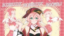  1girl bare_shoulders bibbidiba_(hololive) blush breasts cleavage cohato00 detached_sleeves genshin_impact green_eyes grin hat highres long_hair long_sleeves looking_at_viewer multiple_views pink_hair red_hat smile upper_body yanfei_(genshin_impact) 