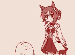  1girl :3 animal_ears bow bowtie brown_theme closed_mouth clover_hair_ornament coat commentary_request cowboy_shot fine_motion_(umamusume) hair_ornament horse_ears horse_girl looking_at_viewer lowres monochrome multicolored_hair ponytail shiodanx shirt short_hair short_ponytail simple_background skirt smile solo two-tone_hair umamusume 