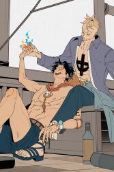  2boys abs absurdres arm_tattoo arm_up bare_pectorals belt black_hair blonde_hair blue_coat blue_fire blue_pants blue_shorts bottle bracelet brown_belt chest_tattoo closed_eyes closed_mouth coat collarbone collared_coat crate fingernails fire freckles hat highres jewelry log_pose looking_at_another looking_down male_focus marco_(one_piece) miyaii17 multiple_boys nipples one_piece open_clothes open_coat pants pectorals portgas_d._ace pyrokinesis sandals shorts sitting smile straw_hat tattoo teeth unworn_hat unworn_headwear upper_teeth_only wing_collar 