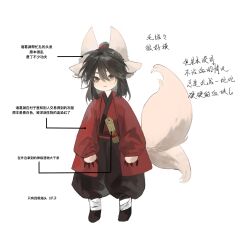  1boy aged_down androgynous animal_ear_fluff animal_ears animal_hands animalization bamboo_slips bandaged_leg bandages black_hair black_pants black_shoes brown_eyes character_profile chinese_clothes chinese_commentary chinese_text claws closed_mouth coat dao_gui_yi_xian fox_boy fox_ears fox_tail full_body furry furry_male hair_between_eyes hair_bun half_updo hanfu highres kemonomimi_mode li_huowang long_hair long_sleeves looking_at_viewer male_focus multiple_tails open_clothes pants ponytail puffy_pants red_coat red_hanfu scroll shoes simple_background single_hair_bun sleeves_past_wrists solo standing suibian59632 tail white_background wide_sleeves 