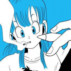  1girl blue_eyes blue_hair blue_theme bulma chankop cigarette collarbone commentary_request dragon_ball dragon_ball_(classic) holding holding_pencil long_hair looking_at_viewer pencil shirt smoke smoking solo spot_color toriyama_akira_(style) upper_body 