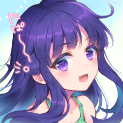 1girl blue_hair blush child collarbone commentary dress furude_rika green_dress higurashi_no_naku_koro_ni hime_cut long_hair looking_at_viewer nerune_j open_mouth purple_eyes sidelocks solo twitter_username rating:General score:9 user:danbooru