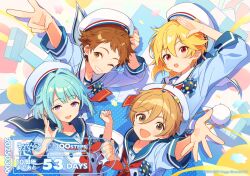  4_(nakajima4423) 4boys :d :o ahoge arm_up arms_up award_ribbon balloon blonde_hair blue_hair blue_sailor_collar blue_shirt blush box brown_eyes brown_hair buttons clenched_hand collarbone colorful_background copyright_name copyright_notice countdown dated double-breasted double-parted_bangs eighth_note ensemble_stars! fingernails floating_clothes foreshortening gift gift_box grin hair_between_eyes hair_intakes hand_on_headwear hand_up hands_up hat looking_at_viewer looking_to_the_side male_focus mashiro_tomoya medium_hair multiple_boys musical_note neckerchief nito_nazuna official_alternate_costume official_art one_eye_closed open_mouth outstretched_arm parted_bangs polka_dot pom_pom_(clothes) purple_eyes rabbits_(ensemble_stars!) raised_eyebrows red_brooch red_eyes red_neckerchief sailor_collar sailor_hat salute shino_hajime shirt short_hair sidelocks sideways_glance smile spread_fingers swept_bangs tenma_mitsuru three-quarter_sleeves turning_head v white_background white_hair white_sailor_collar 