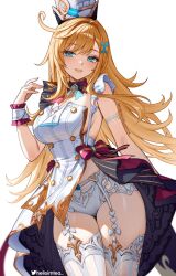  1girl aqua_eyes artist_name blonde_hair breasts cleavage commentary cowboy_shot dress escoffier_(genshin_impact) genshin_impact hair_ornament hand_up helloimtea highres large_breasts long_hair looking_at_viewer orange_hair paid_reward_available panties parted_lips simple_background smile solo symbol-only_commentary thighs twitter_username underwear very_long_hair white_background white_dress white_panties 