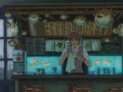  1boy bar_(place) bracelet brown_hair chair cleaning collared_shirt commentary_request counter cup dress_shirt fish fish_tank grey_vest half-closed_eyes hands_up hanging_light highres holding holding_cup indoors jewelry male_focus noren octopus_print original puffer_fish cleaning_rag rain restaurant shirt short_hair sleeves_rolled_up solo vest vinsenta white_shirt window  rating:General score:2 user:danbooru