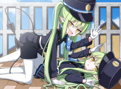 2girls :d :o absurdres arm_up armband ass belt belt_buckle black_belt black_hat black_jacket black_shorts blue_archive blue_sky blurry blurry_background blush brown_eyes buckle building cloud commentary_request day demon_tail depth_of_field earrings fang girl_on_top gloves green_hair hair_between_eyes hat highres hikari_(blue_archive) jacket jewelry jiu_(sdesd3205) long_hair looking_at_viewer lying multiple_girls nozomi_(blue_archive) on_back open_mouth outdoors pantyhose pantyhose_under_shorts parted_lips pointy_ears railing shako_cap shirt short_shorts shorts siblings sisters sky smile tail twins twintails very_long_hair white_gloves white_pantyhose white_shirt 