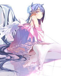 1girl blue_eyes blunt_bangs commentary dress english_commentary feet flower foot_focus gradient_hair hair_flower hair_ornament hololive hololive_english long_hair looking_at_viewer multicolored_hair ninomae_ina&#039;nis no_shoes orange_hair pantyhose pointy_ears purple_hair soles solo sydus tentacle_hair toes virtual_youtuber white_pantyhose rating:Sensitive score:41 user:danbooru
