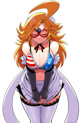  1girl ahoge american_flag american_flag_bikini american_flag_print apron artist_name bikini black_gloves black_ribbon blonde_hair breasts cleavage closed_eyes closed_mouth collarbone domino_mask elbow_gloves fingerless_gloves flag_print flag_print_bikini fujioka_yatsufusa gloves highres huge_ahoge kamen_america kamen_america_(comic) long_hair maid_headdress mask navel neck_ribbon print_bikini ribbon smile solo star_(symbol) swimsuit thighhighs waist_apron white_apron white_background white_thighhighs 