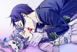  2boys age_difference alien_stage black_hair blush bow ciel_phantomhive earrings forced_kiss gloves highres jewelry kiss kuroshitsuji long_sleeves male_focus multiple_boys onii-shota pale_skin sebastian_michaelis short_hair simple_background uneasywolf victorian yaoi 