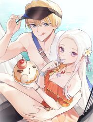  1boy 1girl bare_shoulders beach black_male_swimwear blonde_hair bowl bracelet breasts casual_one-piece_swimsuit cleavage couple covered_navel curry dimitri_alexandre_blaiddyd dimitri_alexandre_blaiddyd_(summer) eating edelgard_von_hresvelg edelgard_von_hresvelg_(summer) fire_emblem fire_emblem:_three_houses fire_emblem_heroes flower food frilled_one-piece_swimsuit frills grey_shirt hammock hand_on_another&#039;s_thigh hetero highres holding holding_bowl holding_spoon ice_cream ikaikakka jewelry korean_commentary long_hair looking_at_viewer makeup male_swimwear medium_breasts muscular muscular_male navel necklace nintendo ocean official_alternate_costume on_hammock one-piece_swimsuit orange_flower purple_eyes purple_ribbon ribbon shaved_ice shirt short_hair showgirl_skirt sitting spoon swimsuit thighs utensil_in_mouth very_long_hair visor_cap white_hair 