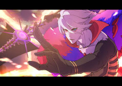  1boy blue_eyes commentary_request detached_collar eyeliner fate/extra fate/extra_ccc fate_(series) foreshortening hair_between_eyes heterochromia holding holding_weapon karna_(fate) letterboxed makeup male_focus red_eyeliner red_eyes solo upper_body weapon white_hair yanoooh 