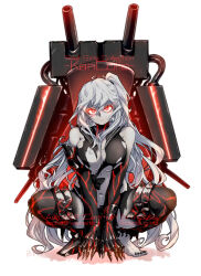  1girl abyssal_ship aircraft_carrier_princess armor armored_boots black_nails boots breasts breasts_squeezed_together claws closed_mouth colored_extremities colored_skin commentary_request copyright_name grey_hair grey_skin hair_between_eyes kantai_collection large_breasts long_hair looking_at_viewer multicolored_skin one_side_up oso_(toolate) red_eyes sailor_collar school_uniform serafuku ship_turret simple_background skirt sleeveless solo squatting thigh_boots torn_clothes torn_footwear very_long_hair white_background 