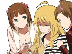  3girls a1_(initial-g) ahoge amami_haruka bad_food blonde_hair bow breasts brown_eyes brown_hair cleavage food futami_mami green_eyes hair_bow hasegawa_akiko hoshii_miki idolmaster idolmaster_(classic) long_hair multiple_girls nakamura_eriko parody real_life shimoda_asami short_hair side_ponytail small_breasts striped sweatdrop voice_actor_connection watch wavy_mouth 