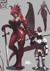  1boy 1girl absurdres armor black_leotard bracelet breastplate breasts claws digitigrade dragon dragon_girl dragon_horns fang faulds full_armor furry furry_female greaves grey_background helmet highres horns jewelry kadim knight leotard medium_breasts necklace original over_shoulder pauldrons planted planted_sword planted_weapon plume red_plume red_scales ring sabaton shoulder_armor signature sketch_inset standing sword sword_over_shoulder teeth thigh_strap weapon weapon_over_shoulder western_dragon wings 
