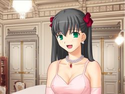 00s 1girl :d alternate_eye_color alternate_hair_color bare_shoulders black_hair blurry blush bow breasts chair chandelier cleavage covered_erect_nipples depth_of_field door dress earrings elbow_gloves fate/hollow_ataraxia fate/stay_night fate_(series) female_focus formal_clothes game_cg gem gloves gown green_eyes hair_bow indoors jewelry lights looking_at_viewer matou_sakura necklace official_alternate_costume open_mouth pearl_(gemstone) pearl_necklace pendant pink_dress pink_gloves recolored smile solo table takeuchi_takashi third-party_edit two_side_up upper_body rating:Sensitive score:8 user:danbooru
