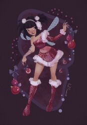  1girl adapted_costume arm_ribbon asian asymmetrical_shirt bare_shoulders black_eyes black_hair black_lips blue_wings blunt_bangs blunt_ends boots christmas christmas_ornaments closed_mouth commentary covered_navel crop_top detached_sleeves earmuffs english_commentary fairy fairy_wings full_body fur-trimmed_boots fur-trimmed_skirt fur-trimmed_sleeves fur_trim glitter hair_ornament happy highres holding_ornament knee_boots leotard leotard_under_clothes light_blush lipstick long_sleeves looking_at_viewer magical_girl makeup miniskirt musa_(winx_club) outstretched_arm pink_leotard pom_pom_(clothes) pom_pom_hair_ornament purple_background purple_ribbon red_boots red_shirt red_skirt red_sleeves ribbon shirt short_hair short_twintails signature single_detached_sleeve skirt skirt_set smile solo standing stardust_axel twintails wings winx_club 