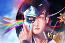  1boy anchor_ornament black_hair blue_eyes brooch chain commentary crazy_diamond diamond_wa_kudakenai earrings english_commentary gakuran glass_shard gold_chain heart heart_brooch higashikata_josuke high_collar highres holding_glass_shard jewelry jojo_no_kimyou_na_bouken looking_at_viewer male_focus peace_symbol pink_eyes pompadour purple_eyes rainbow redrawn sayurkailen school_uniform solo split_theme stand_(jojo) stud_earrings 