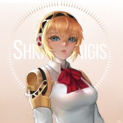  1girl aigis_(persona) android artist_name blonde_hair bow bowtie breasts crossed_bangs double-parted_bangs english_text gekkoukan_high_school_uniform gradient_background green_eyes hair_between_eyes headphones joints looking_at_viewer medium_breasts persona persona_3 portrait red_bow ribbon robot_joints school_uniform short_hair simple_background solo vordvord white_background 