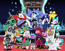  1other 4girls 6+boys :| ^_^ absurdres animal_ears anniversary armlet berdly_(dark_world)_(deltarune) berdly_(deltarune) bird_boy black_boots blonde_hair blue_hair blue_hat blue_skin boots cap&#039;n_(deltarune) closed_eyes closed_mouth colored_skin creature crossed_legs cup deer_girl deltarune drinking_glass everyone facing_viewer full_body furry furry_female furry_male glasses gloves goat_boy goat_ears goat_horns grin group_picture hat heart highres holding holding_cup horns humanoid_robot jewelry k_k_(deltarune) kris_(dark_world)_(deltarune) kris_(deltarune) lancer_(deltarune) looking_at_viewer milk_carton multiple_boys multiple_girls noelle_holiday noelle_holiday_(dark_world) open_mouth pink_scarf pink_skin purple_hair queen_(deltarune) ralsei robot round_eyewear rouxls_kaard scarf shaded_face short_hair sitting smile sparkle spiked_armlet standing susie_(dark_world)_(deltarune) susie_(deltarune) swatchling_(deltarune) sweet_(deltarune) tasque_(deltarune) tasque_manager the_original_starwalker tiduco v w yellow_gloves 