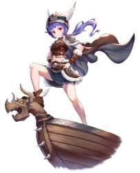  1girl absurdres arm_tattoo armor bare_legs belt blue_skirt boat breasts brown_armor brown_belt brown_cape brown_shoes brown_skirt cape commentary detached_sleeves english_commentary figurehead_(boat) floating_cape floating_hair full_body fur-trimmed_armor fur-trimmed_sleeves fur_trim hands_on_own_hips helmet highres king&#039;s_raid lagna leather leather_armor leather_belt leather_skirt long_hair looking_at_viewer low_ponytail midriff miniskirt miruru_(king&#039;s_raid) official_alternate_costume official_art ponytail purple_hair red_eyes shoes shoulder_armor skirt small_breasts smile solo spiked_helmet tattoo uneven_footing viking watercraft white_fur wind winged_helmet winged_shoes wings 