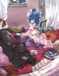  1girl animal blue_hair book commentary cuffs english_commentary fairy_tail full_body highres indoors levy_mcgarden looking_up medium_hair moon panther pantherlily pillow profile purple_thighhighs rusky see-through_clothes striped_clothes striped_thighhighs thighhighs vertical-striped_clothes vertical-striped_thighhighs 