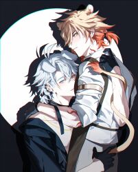  2boys animal_ears antenna_hair apron arm_tattoo bad_tag black_apron black_choker black_gloves black_shirt blonde_hair blue_eyes braid choker collared_shirt commentary dog_boy dog_ears dog_tail gloves gradient_hair hair_between_eyes half_gloves highres honkai:_star_rail honkai_(series) hug jujeop lion_boy lion_ears lion_tail looking_at_viewer male_focus medium_hair multicolored_hair multiple_boys mydei_(delicacies)_(honkai:_star_rail) mydei_(honkai:_star_rail) official_alternate_costume parted_bangs pectoral_cleavage pectorals phainon_(fashion)_(honkai:_star_rail) phainon_(honkai:_star_rail) red_hair red_tattoo shirt short_hair side_braid sleeves_rolled_up spotlight tail tattoo white_hair white_shirt yaoi yellow_eyes 