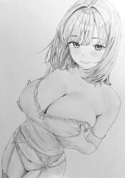  1girl absurdres armpit_crease blush bow bow_camisole bow_panties breasts cleavage closed_mouth commentary_request cowboy_shot crop_top dutch_angle garter_belt garter_straps grabbing_own_breast graphite_(medium) greyscale hair_intakes hands_up highres huge_breasts lensia looking_at_viewer medium_hair monochrome navel no_pants original panties smile solo standing strap_slip traditional_media underwear 