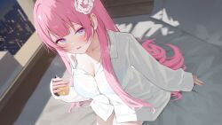  1girl blue_eyes blush breasts cleavage collarbone collared_shirt commission cup drink drinking_glass hair_ornament highres holding holding_cup kkix25 long_hair melonyx naked_shirt on_bed pillow pink_hair second-party_source shirt skeb_commission sleeves_past_wrists smile solo sweat virtual_youtuber white_shirt window yuzuki_ririna 