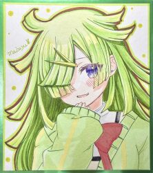  1girl aki_mabayu character_name colored_pencil_(medium) green_hair highres kashisu kishimen_hair long_hair looking_at_viewer magia_record:_mahou_shoujo_madoka_magica_gaiden mahou_shoujo_madoka_magica mitakihara_school_uniform photo_(medium) purple_eyes school_uniform scissors_hair_ornament solo traditional_media 