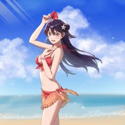  1girl :d alternate_costume alternate_hairstyle arm_up bambietta_basterbine bare_arms bare_shoulders beach bikini bikini_skirt black_hair bleach bleach:_brave_souls blue_sky blush breasts brown_eyes cleavage cloud collarbone commentary cowboy_shot day deadman70232800 eyelashes floating_hair flower frilled_bikini frills front-tie_bikini_top front-tie_top hair_between_eyes hair_bun halterneck hand_up highres holding holding_flower long_hair looking_at_viewer medium_breasts navel ocean one_side_up open_mouth outdoors red_bikini red_flower single_side_bun sky smile solo sparkle starfish_hair_ornament stomach sunlight swimsuit teeth v-shaped_eyebrows very_long_hair water_drop 