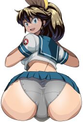  1girl absurdres ass ass_mousepad belt black_gloves blue_eyes blue_skirt bow brown_hair commission cropped_legs crotch_seam fat_mons fingerless_gloves gloves grey_panties hair_between_eyes hair_bow highres long_hair looking_back m.u.g.e.n midriff mousepad_(medium) oggy_(oggyoggy) open_mouth original panties pleated_skirt ponytail ryuko_(oggyoggy) school_uniform serafuku short_sleeves skeb_commission skirt solo source_request transparent_background trefoil underwear yellow_bow 